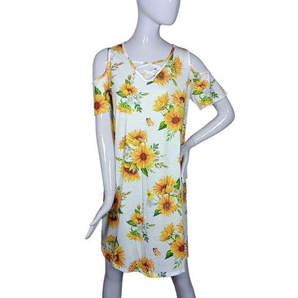 Pinup Fashion Dresses & Skirts - Pinup Fashion Mini Dress Size Medium White with Sunflower Print Lace Up Neckline